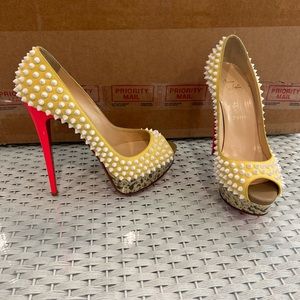 Christian Louboutin peep toe pump yellow suede white spike neon coral leopard 39